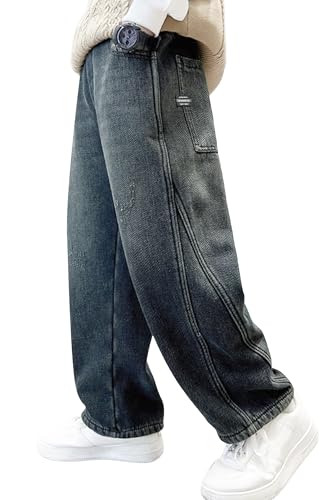 Teenager Jeans Baggy mit Elastischem Bund Weite Beine Gerade Denimhose für Casual Style Schwarz 170 von Happy Cherry