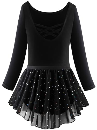 Trikots Set für Mädchen Langarm Crisscross Straps Glänzender Ballett Anzug Solide Asymmetrische Pailletten Mesh Rock Einteilige Unitards 2-Pack Schwarz 6-7 Jahre von Happy Cherry