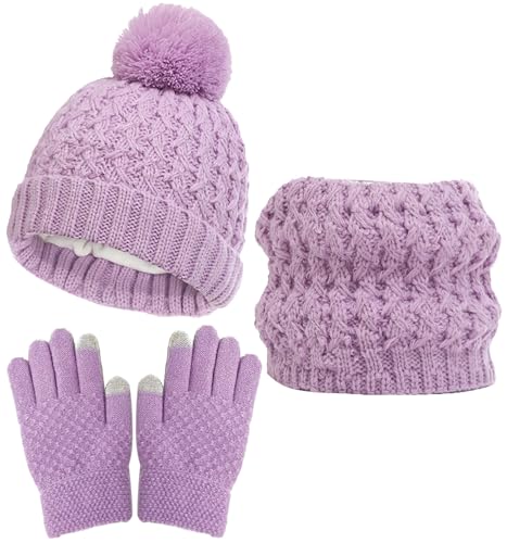 Unisex Kinder Elastische Winter Beaniemütze Handschuhe Schal Set für Mädchen und Jungen Strick Warme Plush Futter Halswärmer Pom Mütze Fäustlinge Lila von Happy Cherry