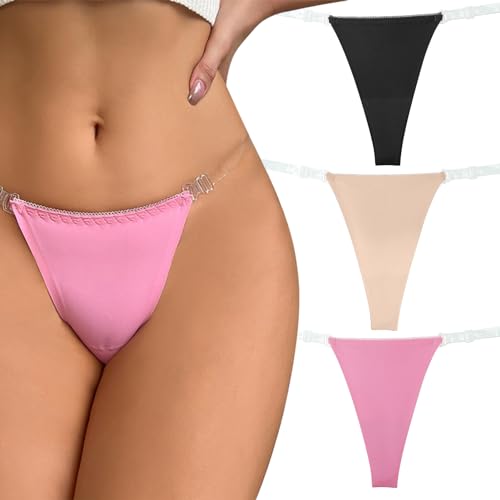 Unsichtbare Strings für Frauen Transparente Klare Riemen T-Back Strecken Leichte Bikinis Elastische Atmungsaktive Cheeky Höschen 2-Pack Schwarz Hautfarbe Rosa S von Happy Cherry