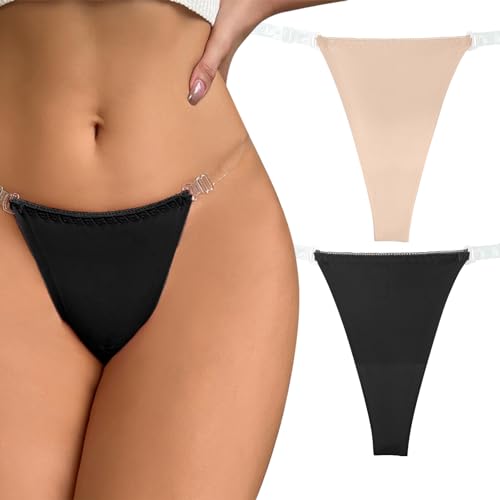 Unsichtbare Strings für Frauen Transparente Klare Riemen T-Back Strecken Leichte Bikinis Elastische Atmungsaktive Cheeky Höschen 2-Pack Schwarz Hautfarbe S von Happy Cherry