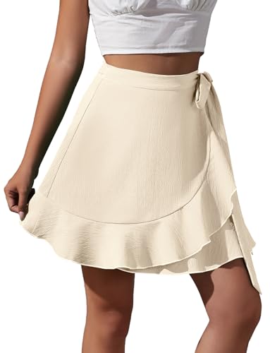 Verstellbarer Bund Drapiert Mini Wrap Rock für Damen Unregelmäßiger Saum Rüschen Leichte Schichten ausgestellter kurzer Wrap Rock Lässig Weiß L von Happy Cherry