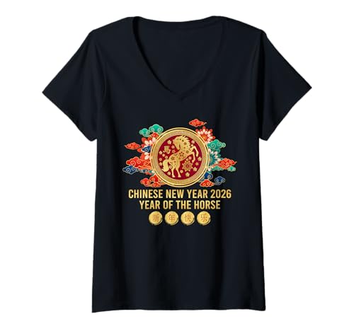 Damen Jahr des Pferdes - Chinesisches Neujahrspferd 2026 T-Shirt mit V-Ausschnitt Damen Jahr des Pferdes - Chinesisches Neujahrspferd 2026 T-Shirt mit V-Ausschnitt von Happy Chinese New Year 2026 - Year of the Horse