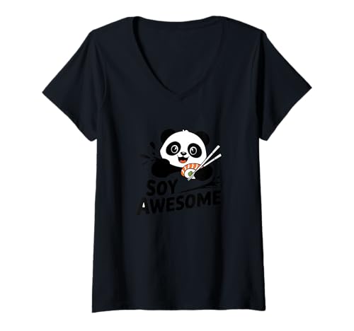 Damen Soy Awesome – Panda Sushi Fun T-Shirt mit V-Ausschnitt Damen Soy Awesome – Panda Sushi Fun T-Shirt mit V-Ausschnitt von Happy Chopsticks Panda Humor Tiere Asia