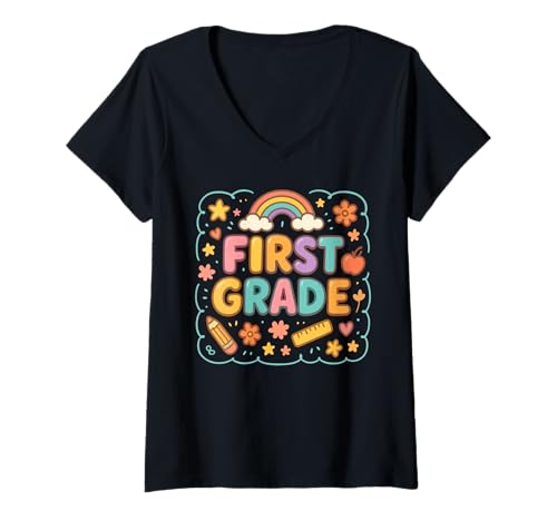 Damen Erstklassiger bunter Regenbogen zum Schulanfang T-Shirt mit V-Ausschnitt Damen Erstklassiger bunter Regenbogen zum Schulanfang T-Shirt mit V-Ausschnitt von Happy Classroom Rainbow