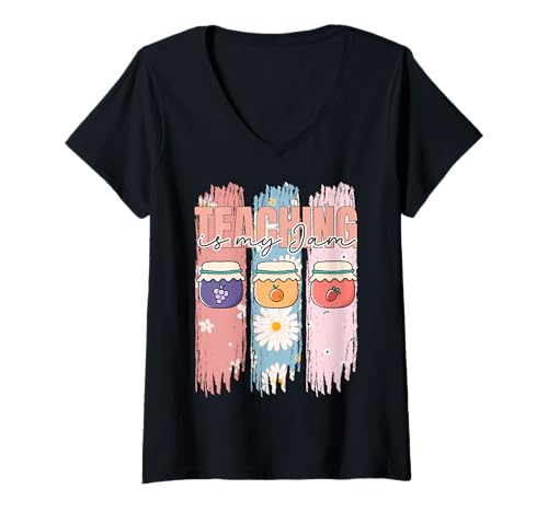 Damen Teaching is My Jam Retro-Design T-Shirt mit V-Ausschnitt Damen Teaching is My Jam Retro-Design T-Shirt mit V-Ausschnitt von Happy Classroom Vibes Co.