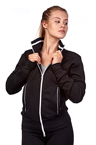 Happy Clothing Damen Sweatjacke mit Reißverschluss und Kragen ohne Kapuze im sportlichen Design, Elegante Jacke aus Baumwolle für Sport und Freizeit, Größe:L, Farbe:Schwarz von Happy Clothing