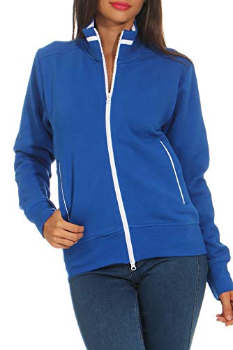 Happy Clothing Damen Sweatjacke mit Reißverschluss und Kragen ohne Kapuze im sportlichen Design, Elegante Jacke aus Baumwolle für Sport und Freizeit, Größe:M, Farbe:Blau von Happy Clothing