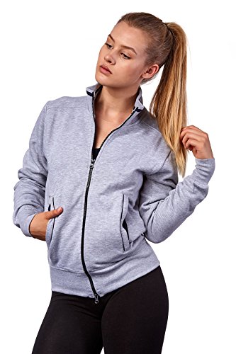 Happy Clothing Damen Sweatjacke mit Reißverschluss und Kragen ohne Kapuze im sportlichen Design, Elegante Jacke aus Baumwolle für Sport und Freizeit, Größe:XS, Farbe:Grau meliert von Happy Clothing