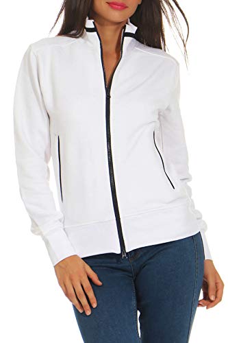 Happy Clothing Damen Sweatjacke mit Reißverschluss und Kragen ohne Kapuze im sportlichen Design, Elegante Jacke aus Baumwolle für Sport und Freizeit, Größe:L, Farbe:Weiß von Happy Clothing