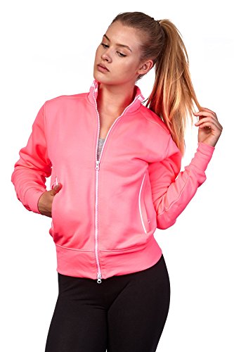 Happy Clothing Damen Sweatjacke mit Reißverschluss und Kragen ohne Kapuze im sportlichen Design, Elegante Jacke aus Baumwolle für Sport und Freizeit, Größe:S, Farbe:Neonpink von Happy Clothing