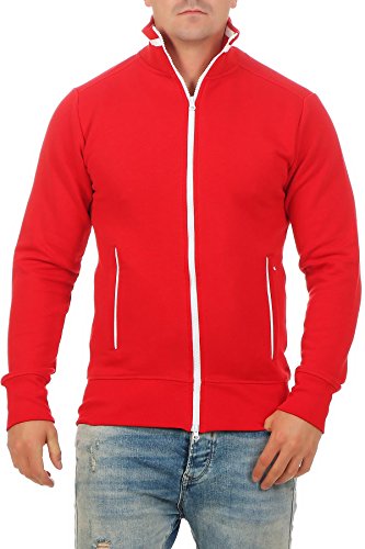 Happy Clothing Herren Sweatjacke sportlich ohne Kapuze - gestreifte Trainingsjacke - Sweatshirtjacke - Zip-Jacke Reißverschluss mit Kragen, Größe:S, Farbe:Rot von Happy Clothing