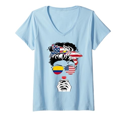 Damen Kolumbianische Amerikanische Kaffee Mama Mädchen Schwester Tante Kolumbien US-Flagge T-Shirt mit V-Ausschnitt Damen Kolumbianische Amerikanische Kaffee Mama Mädchen Schwester Tante Kolumbien US-Flagge T-Shirt mit V-Ausschnitt von Happy Colombia America Day Colombian American Tee