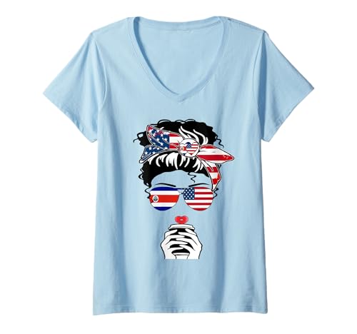 Damen Costa Rica Amerikanische Kaffeemama, Mädchen, Tante, Costa Rica, US-Flagge T-Shirt mit V-Ausschnitt Damen Costa Rica Amerikanische Kaffeemama, Mädchen, Tante, Costa Rica, US-Flagge T-Shirt mit V-Ausschnitt von Happy Costa Rica America Day Costa Rican American