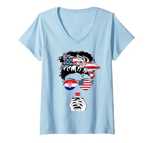 Damen Kroatische Amerikanische Kaffee Mama Mädchen Schwester Tante Kroatien US-Flagge T-Shirt mit V-Ausschnitt Damen Kroatische Amerikanische Kaffee Mama Mädchen Schwester Tante Kroatien US-Flagge T-Shirt mit V-Ausschnitt von Happy Croatia America Day Croatian American Pride