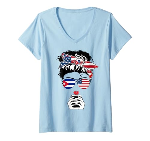Damen Kubanischer amerikanischer Kaffee, Mama, Mädchen, Schwester, Tante, kubanische Flagge der USA T-Shirt mit V-Ausschnitt Damen Kubanischer amerikanischer Kaffee, Mama, Mädchen, Schwester, Tante, kubanische Flagge der USA T-Shirt mit V-Ausschnitt von Happy Cuba America Day Cuban American Pride Tee
