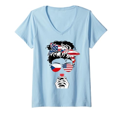 Damen Czech American Coffee Mama Girl Sister Aunt Tschechien USA Flagge T-Shirt mit V-Ausschnitt von Happy Czechia America Day Czech American Pride Tee
