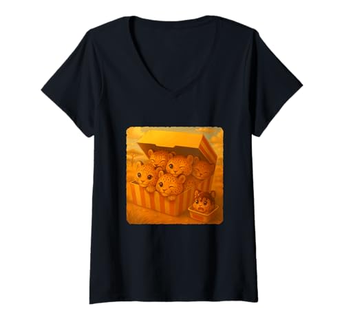 Damen Leopard Chicken Nuggets Süßes Kawaii Lustiges Fastfood T-Shirt mit V-Ausschnitt von Happy Delicious Sweet Playful Snack Charming Humor