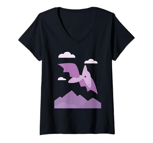 Damen Niedlicher lila Pterodaktyl Fliegender Dinosaurier Berg Himmel Landschaft T-Shirt mit V-Ausschnitt Damen Niedlicher lila Pterodaktyl Fliegender Dinosaurier Berg Himmel Landschaft T-Shirt mit V-Ausschnitt von Happy Dino Apparel