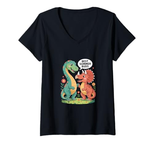 Damen Best Summer Buds - Süße Dinosaurier Freunde Sommer T-Shirt mit V-Ausschnitt Damen Best Summer Buds - Süße Dinosaurier Freunde Sommer T-Shirt mit V-Ausschnitt von Happy Dino Summer Collection