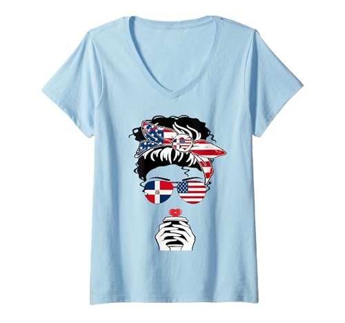 Damen Dominican American Coffee Mom Sis Dominikanische Republik US-Flagge T-Shirt mit V-Ausschnitt Damen Dominican American Coffee Mom Sis Dominikanische Republik US-Flagge T-Shirt mit V-Ausschnitt von Happy Dominican American Day Dominican American