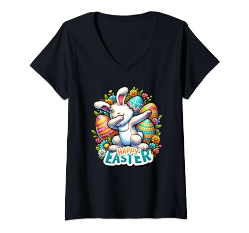 Damen Happy Easter – Frohe Ostern Dab Style Pose Süßer Osterhase T-Shirt mit V-Ausschnitt Damen Happy Easter – Frohe Ostern Dab Style Pose Süßer Osterhase T-Shirt mit V-Ausschnitt von Happy Easter & Frohe Ostern Geschenkidee
