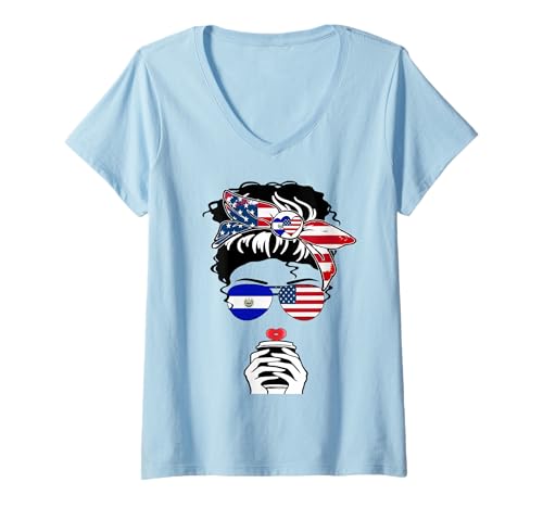 Damen Salvadorianische Amerikanische Kaffee Mama Mädchen Tante EL Salvador US-Flagge T-Shirt mit V-Ausschnitt Damen Salvadorianische Amerikanische Kaffee Mama Mädchen Tante EL Salvador US-Flagge T-Shirt mit V-Ausschnitt von Happy El Salvador American Day Salvadoran American