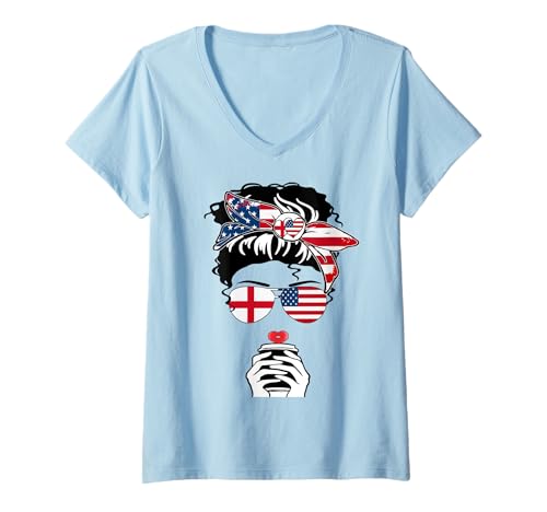 Damen Englisch-Amerikanischer Kaffee, Mutter, Mädchen, Schwester, Tante, England, US-Flagge T-Shirt mit V-Ausschnitt Damen Englisch-Amerikanischer Kaffee, Mutter, Mädchen, Schwester, Tante, England, US-Flagge T-Shirt mit V-Ausschnitt von Happy England American Day English American Pride