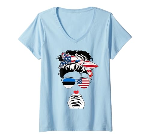 Damen Estonian American Coffee Mama Girl Sis Aunt Estland USA Flagge T-Shirt mit V-Ausschnitt Damen Estonian American Coffee Mama Girl Sis Aunt Estland USA Flagge T-Shirt mit V-Ausschnitt von Happy Estonia America Day Estonian American Pride