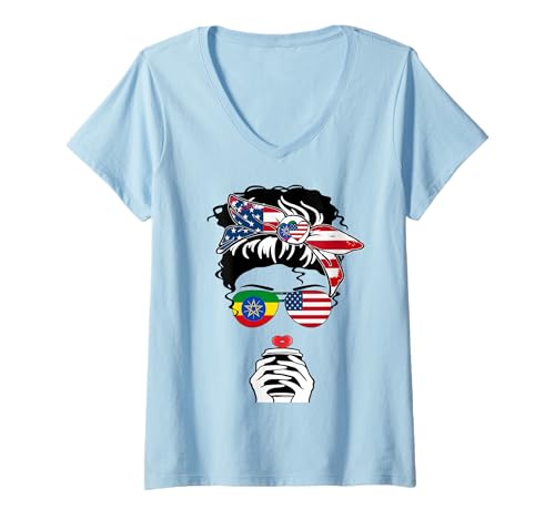 Damen Äthiopische Amerikanische Kaffee Mama Mädchen Schwester Tante Äthiopien US-Flagge T-Shirt mit V-Ausschnitt Damen Äthiopische Amerikanische Kaffee Mama Mädchen Schwester Tante Äthiopien US-Flagge T-Shirt mit V-Ausschnitt von Happy Ethiopia America Day Ethiopian American Tee