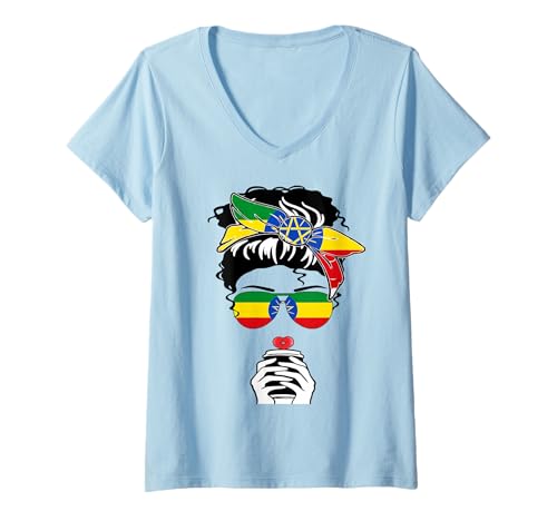 Damen Cooler äthiopischer Kaffee Mama Mama Mädchen Tante Äthiopien Flagge Druck T-Shirt mit V-Ausschnitt Damen Cooler äthiopischer Kaffee Mama Mama Mädchen Tante Äthiopien Flagge Druck T-Shirt mit V-Ausschnitt von Happy Ethiopia National Day Proud To Be Ethiopian
