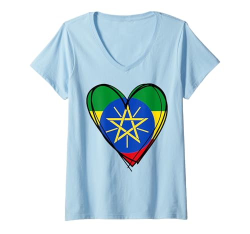 Damen Happy Enkutatash Äthiopien Flagge Herz Grafik äthiopischer Stolz T-Shirt mit V-Ausschnitt Damen Happy Enkutatash Äthiopien Flagge Herz Grafik äthiopischer Stolz T-Shirt mit V-Ausschnitt von Happy Ethiopia National Day Proud To Be Ethiopian