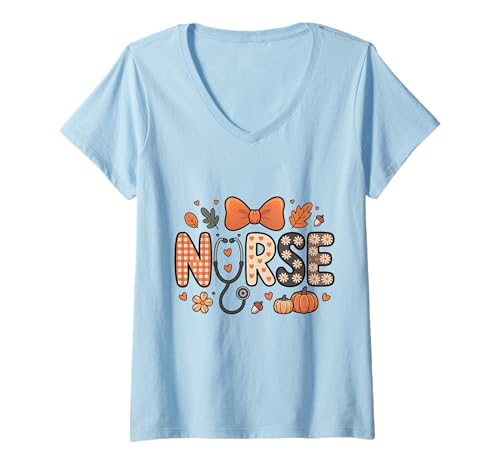 Damen Herbst Herbst Krankenschwester Shirt Frauen Kürbis Dankbar Krankenschwester Leben T-Shirt mit V-Ausschnitt von Happy Fall Autumn Halloween Thankgiving Nurse Tees