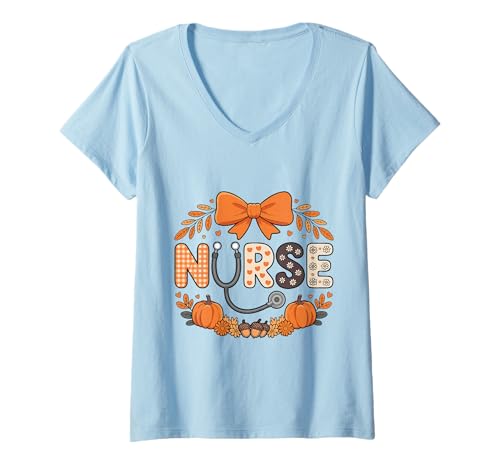 Damen Herbst Herbst Krankenschwester Shirt Frauen Kürbis Dankbar Krankenschwester Leben T-Shirt mit V-Ausschnitt von Happy Fall Autumn Halloween Thankgiving Nurse Tees