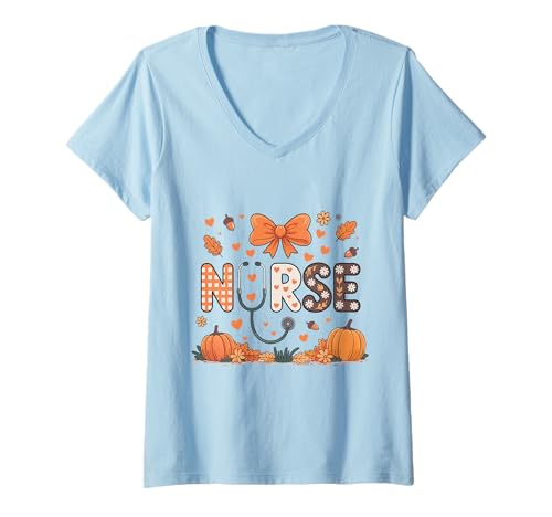 Damen Herbst Herbst Outfit Krankenschwester Kürbis Thankful Grateful Blessed T-Shirt mit V-Ausschnitt von Happy Fall Autumn Halloween Thankgiving Nurse Tees