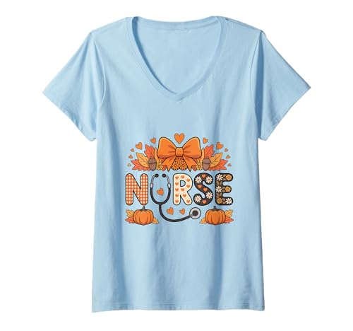 Damen Herbst Herbst Outfit Krankenschwester Kürbis Thankful Grateful Blessed T-Shirt mit V-Ausschnitt von Happy Fall Autumn Halloween Thankgiving Nurse Tees