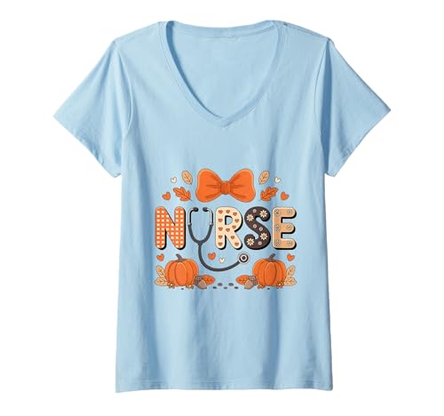 Damen Herbst Kürbis Krankenschwester Stethoskop Happy Fall Yall Frau Krankenschwester T-Shirt mit V-Ausschnitt von Happy Fall Autumn Halloween Thankgiving Nurse Tees