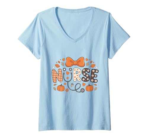 Damen Herbst Kürbis Krankenschwester Stethoskop Happy Fall Yall Frau Krankenschwester T-Shirt mit V-Ausschnitt von Happy Fall Autumn Halloween Thankgiving Nurse Tees