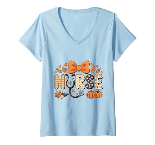 Damen Herbst Kürbis Krankenschwester Stethoskop Happy Fall Yall Frau Krankenschwester T-Shirt mit V-Ausschnitt von Happy Fall Autumn Halloween Thankgiving Nurse Tees