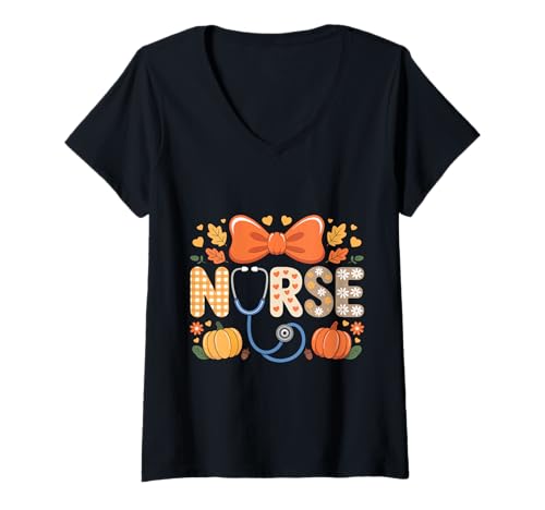 Damen Herbst Kürbis Krankenschwester Stethoskop Happy Fall Yall Frau Krankenschwester T-Shirt mit V-Ausschnitt von Happy Fall Autumn Halloween Thankgiving Nurse Tees