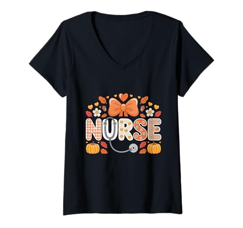 Damen Herbst Kürbis Krankenschwester Stethoskop Happy Fall Yall Frau Krankenschwester T-Shirt mit V-Ausschnitt von Happy Fall Autumn Halloween Thankgiving Nurse Tees