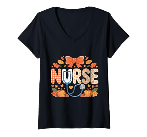 Damen Herbst Kürbis Krankenschwester Stethoskop Happy Fall Yall Frau Krankenschwester T-Shirt mit V-Ausschnitt von Happy Fall Autumn Halloween Thankgiving Nurse Tees
