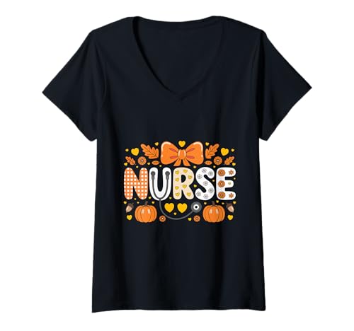 Damen Herbst Kürbis Krankenschwester Stethoskop Happy Fall Yall Frau Krankenschwester T-Shirt mit V-Ausschnitt von Happy Fall Autumn Halloween Thankgiving Nurse Tees