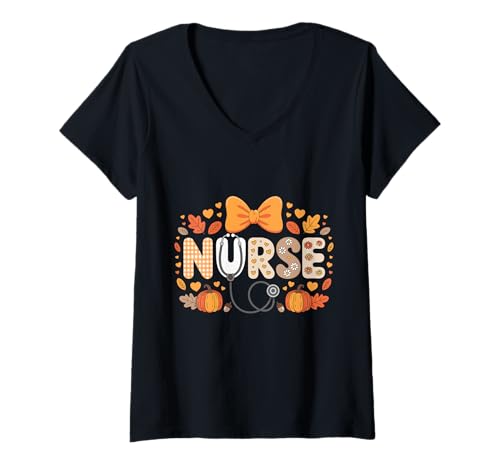 Damen Herbst Kürbis Krankenschwester Stethoskop Happy Fall Yall Frau Krankenschwester T-Shirt mit V-Ausschnitt von Happy Fall Autumn Halloween Thankgiving Nurse Tees