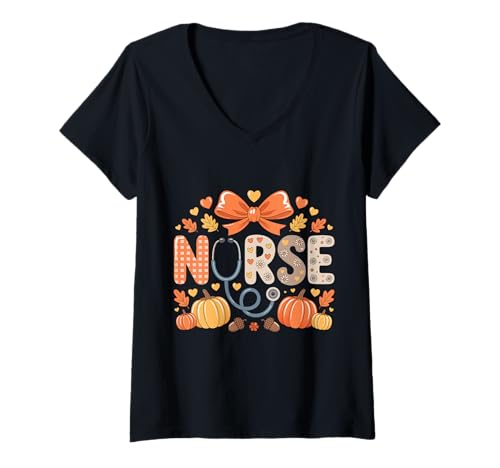 Damen Herbst Kürbis Krankenschwester Stethoskop Happy Fall Yall Frau Krankenschwester T-Shirt mit V-Ausschnitt von Happy Fall Autumn Halloween Thankgiving Nurse Tees