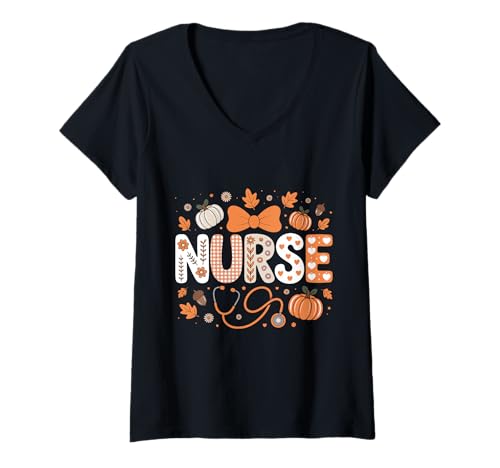 Damen Herbst Kürbis Krankenschwester Stethoskop Happy Fall Yall Frau Krankenschwester T-Shirt mit V-Ausschnitt von Happy Fall Autumn Halloween Thankgiving Nurse Tees