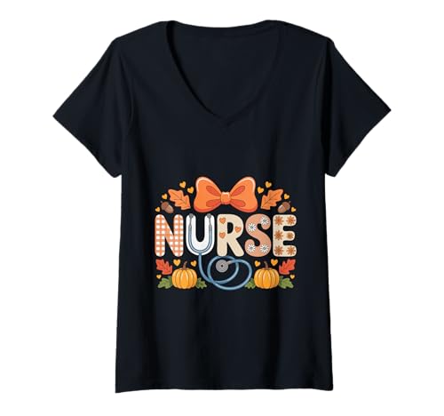 Damen Herbst Kürbis Krankenschwester Stethoskop Happy Fall Yall Frau Krankenschwester T-Shirt mit V-Ausschnitt von Happy Fall Autumn Halloween Thankgiving Nurse Tees