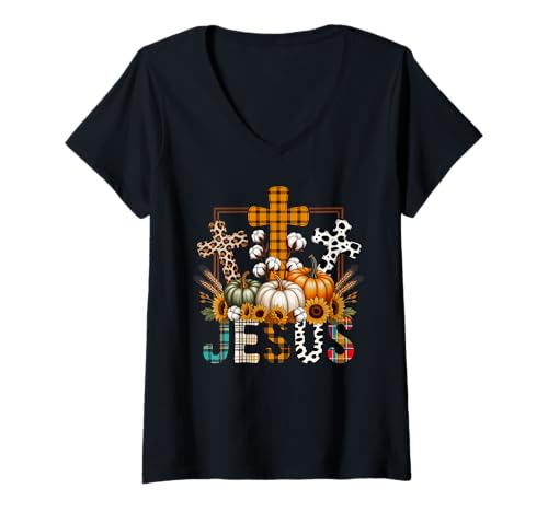 Damen Jesus Herbst Saison Liebhaber Herbst Design Geschenk Männer Frauen Kinder T-Shirt mit V-Ausschnitt von Happy Fall Thanksgiving Spooky Halloween Graphic