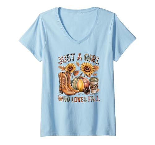 Damen Just a Girl Who Loves Herbst Saison Herbst Design Männer Frauen T-Shirt mit V-Ausschnitt von Happy Fall Thanksgiving Spooky Halloween Graphic