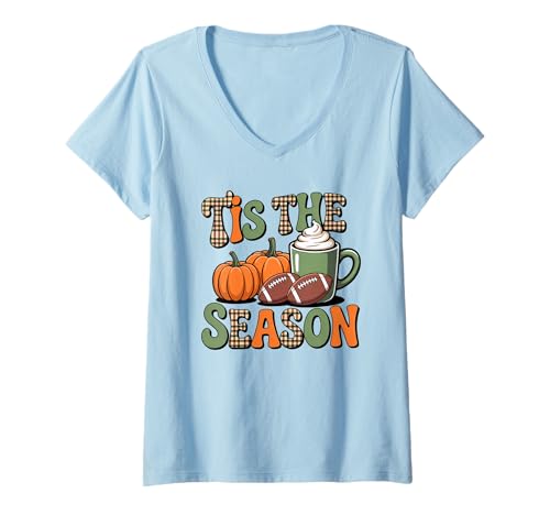 Damen Tis The Season Herbst Fußball Liebhaber Design Geschenk Männer Frauen T-Shirt mit V-Ausschnitt von Happy Fall Thanksgiving Spooky Halloween Graphic